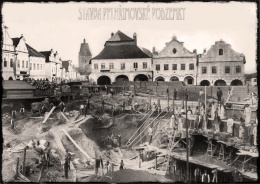Stavba Pelhřimovské podzemky... stavba nedokonána po nálezu hrobu 1. sokolského náčelníka... bratra Hlavaty.